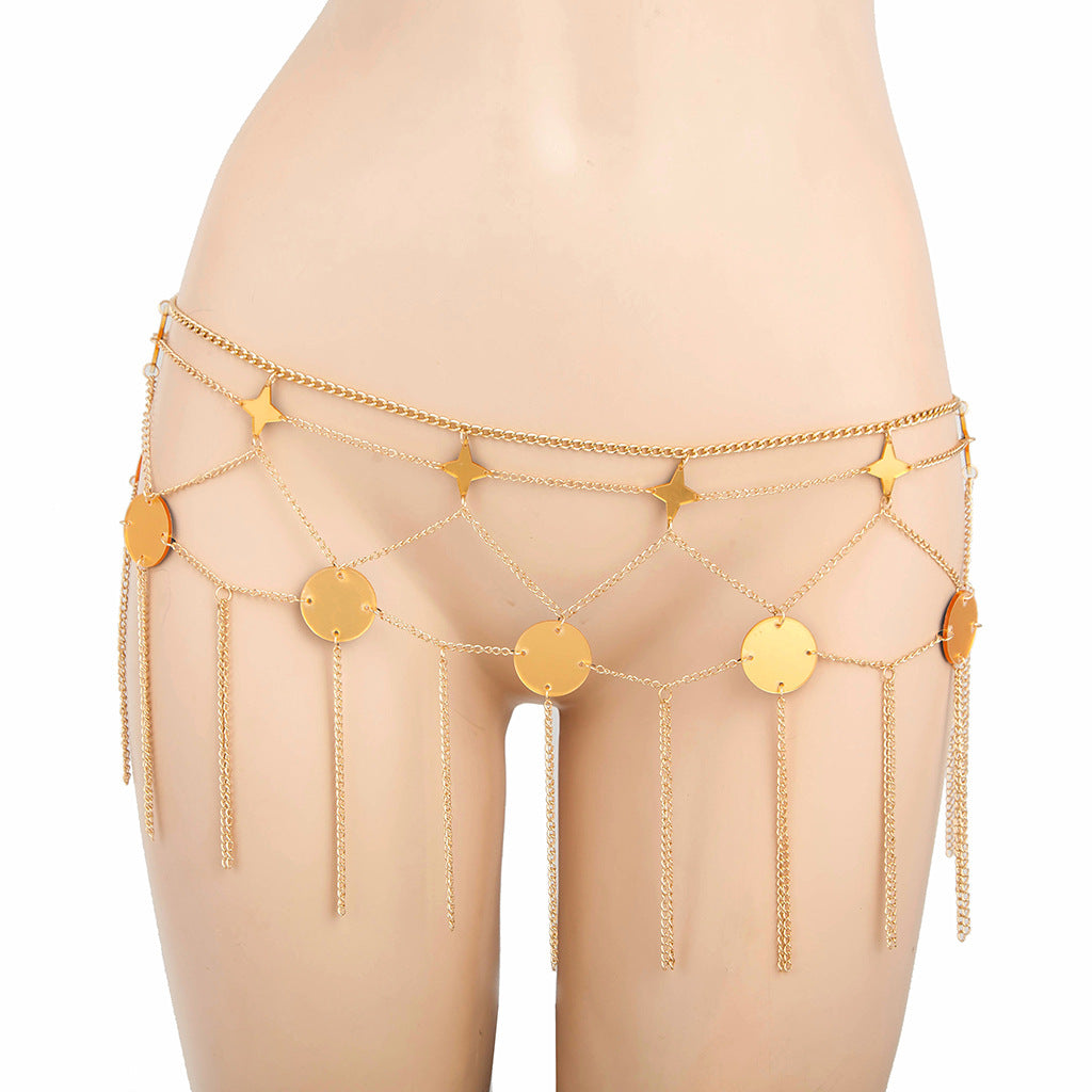 New European and American cross-border handmade sexy women's waist chain metal tassel disc star simple waist chain body chain