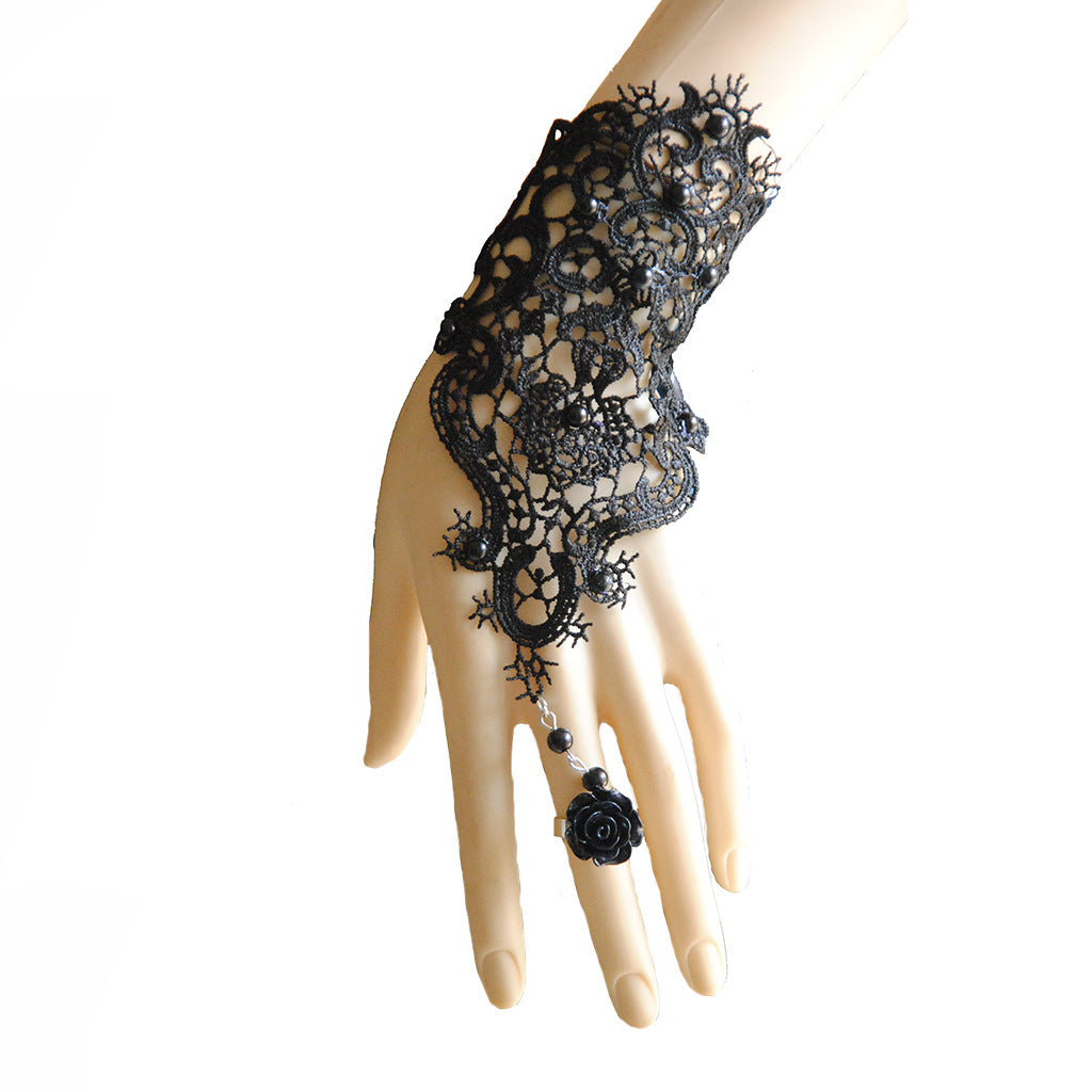 2024 bridal wedding accessories, white lace bracelet with ring, integrated chain, foreign trade export hand accessories wholesale