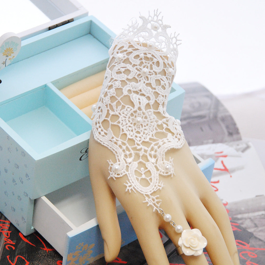 2024 bridal wedding accessories, white lace bracelet with ring, integrated chain, foreign trade export hand accessories wholesale