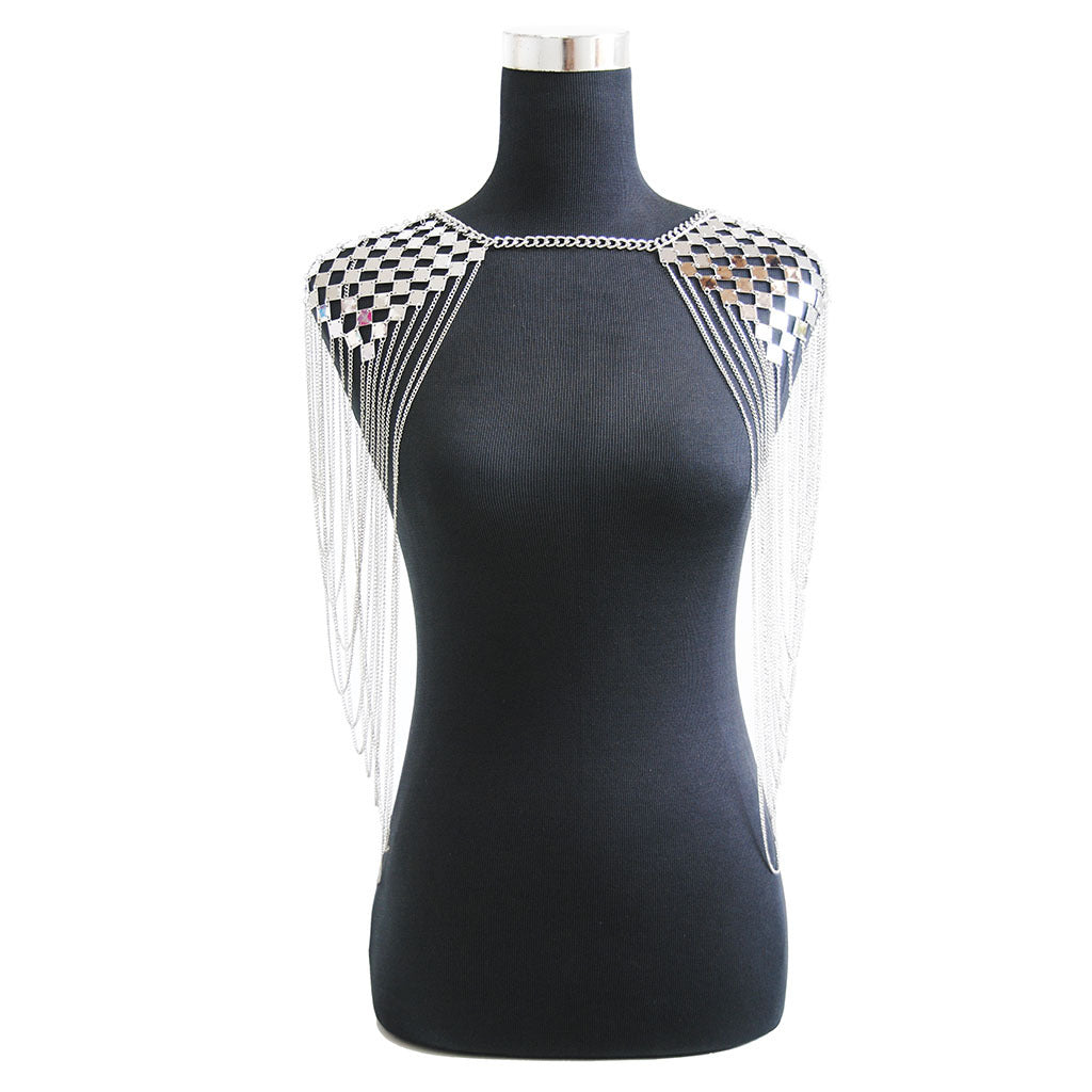 2024 summer new European and American cross-border personality exaggerated heavy metal iron sheet texture tassel shoulder chain body chain