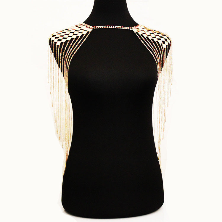 2024 summer new European and American cross-border personality exaggerated heavy metal iron sheet texture tassel shoulder chain body chain