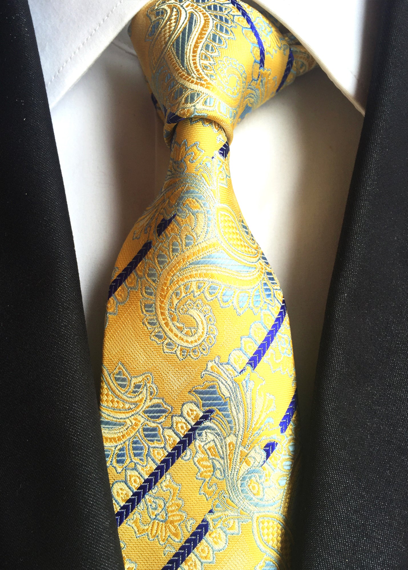 Howwide Luxury Men's Ties Jacquard Woven Necktie Paisley Stripe Yellow