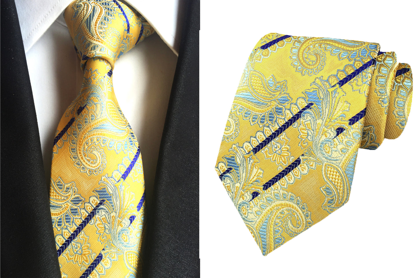 Howwide Luxury Men's Ties Jacquard Woven Necktie Paisley Stripe Yellow