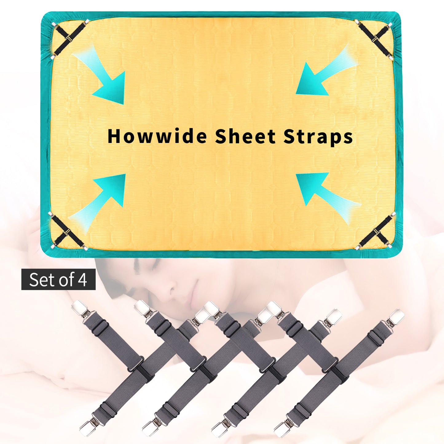 Howwide Bed Sheet Straps Fitted Sheet Holders for Corners 4 Pieces Grey