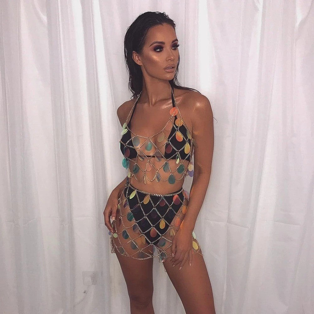 2024 New European and American Cross-border Chest Bracelet Jewelry Fashion Sexy Handmade Fishnet Waist Chain Sequin Set Body Chain