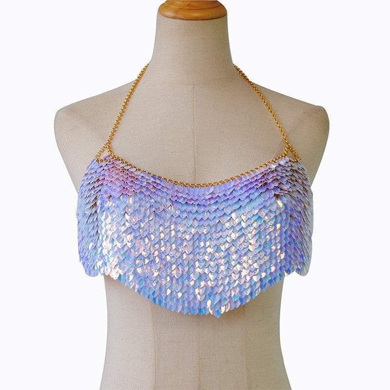 2024 New European and American Fashion Handmade Glowing Leaf-shaped Sequins Sexy Camisole Wrap Chest Body Chain