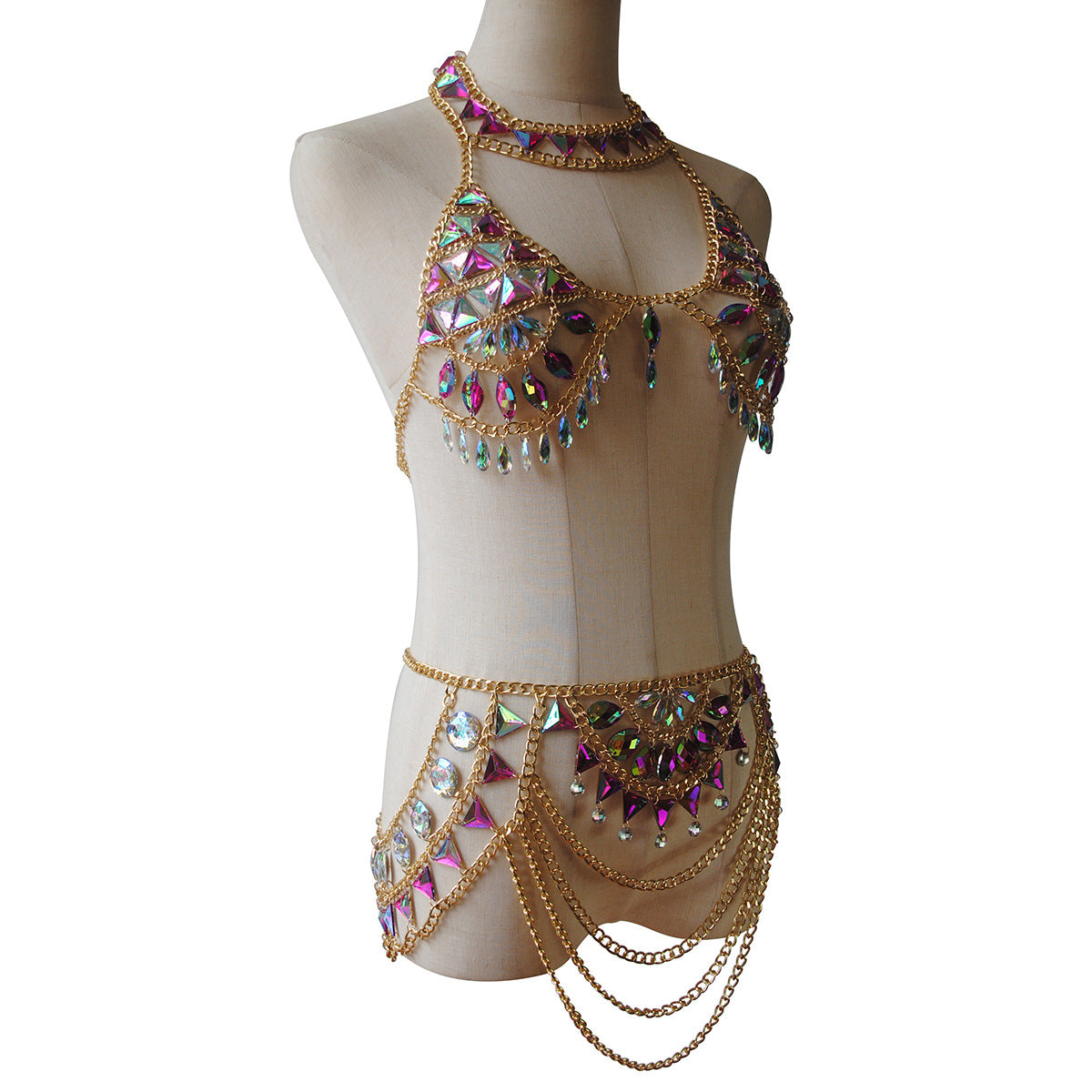2024 New European and American Sexy Fashion Acrylic Bra Colored Diamond Crystal Pendant Chest Chain, Personality Waist Chain, Body Chain