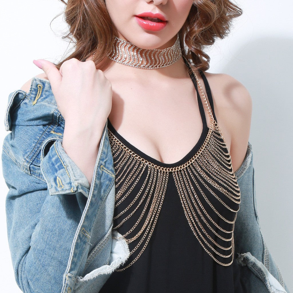 2024 European and American cross-border new accessories, gold multi-layer chains, exaggerated tassels, body chains, long bras, clothing chains