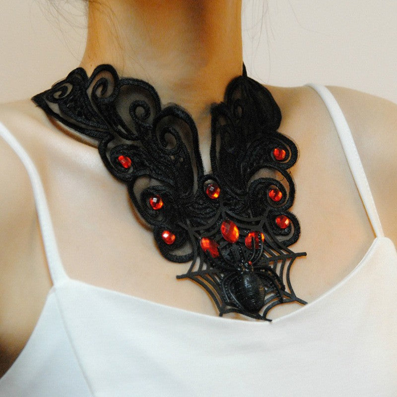 2024 New European and American Clavicle False Collar Fashion Exaggerated Women's Lace Spider Web Halloween Necklace