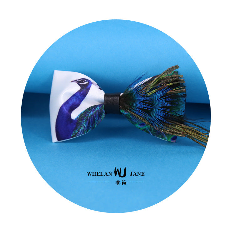 blue peacock feather wedding groom male bow tie wedding children tie flower tie suit bow