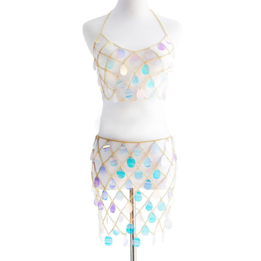 2024 New European and American Cross-border Chest Bracelet Jewelry Fashion Sexy Handmade Fishnet Waist Chain Sequin Set Body Chain