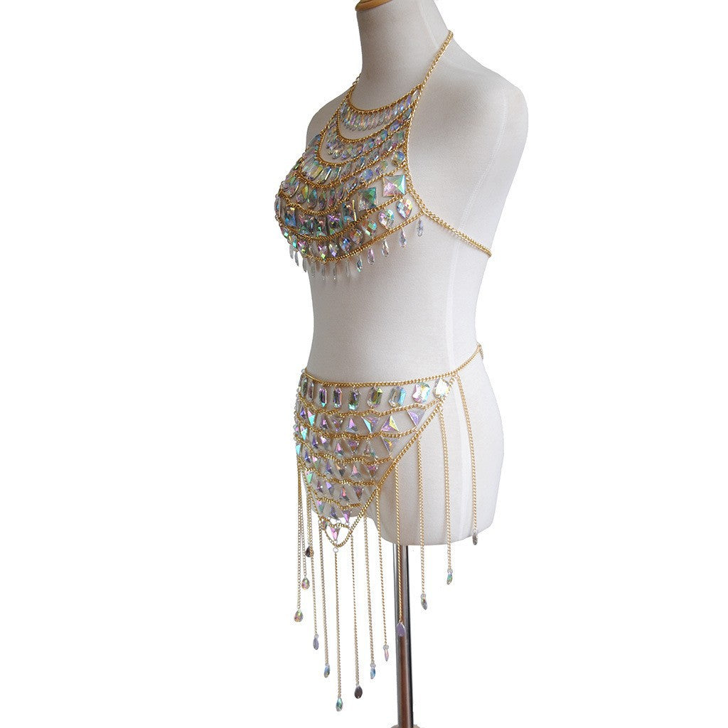 2024 European and American cross-border new hot-selling multi-layer acrylic splicing bra body chain + waist chain sexy body chain