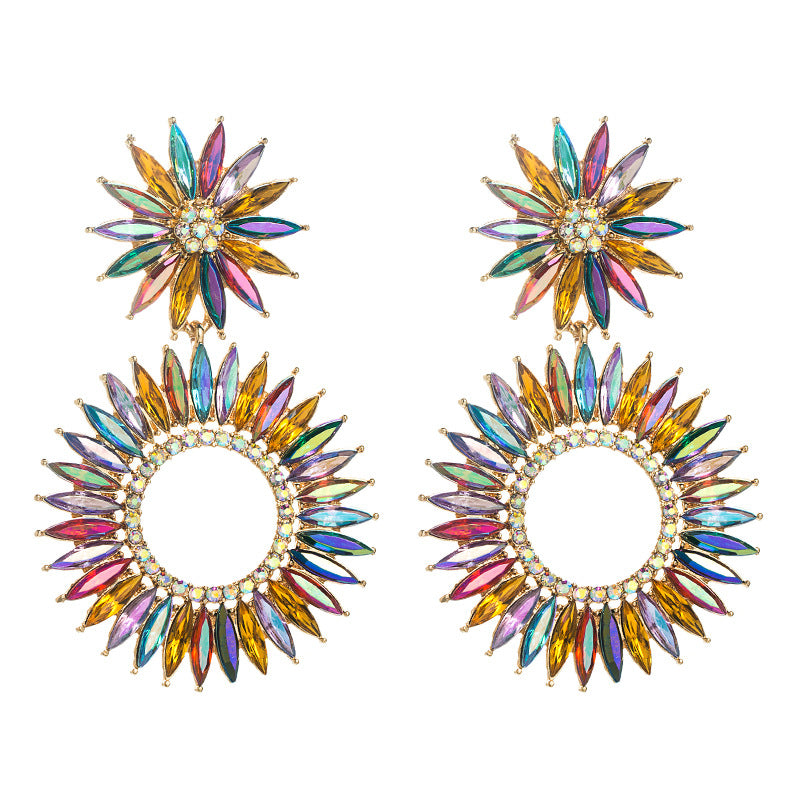 European and American trend new geometric color sunflower alloy diamond long earrings girl creative earrings