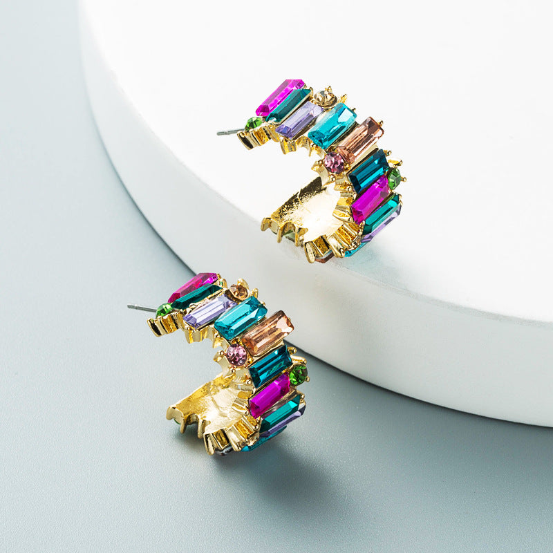 earrings, alloy inlaid with diamonds, acrylic, personality, simple C-shaped earrings, women's European and American ins, net red color earrings