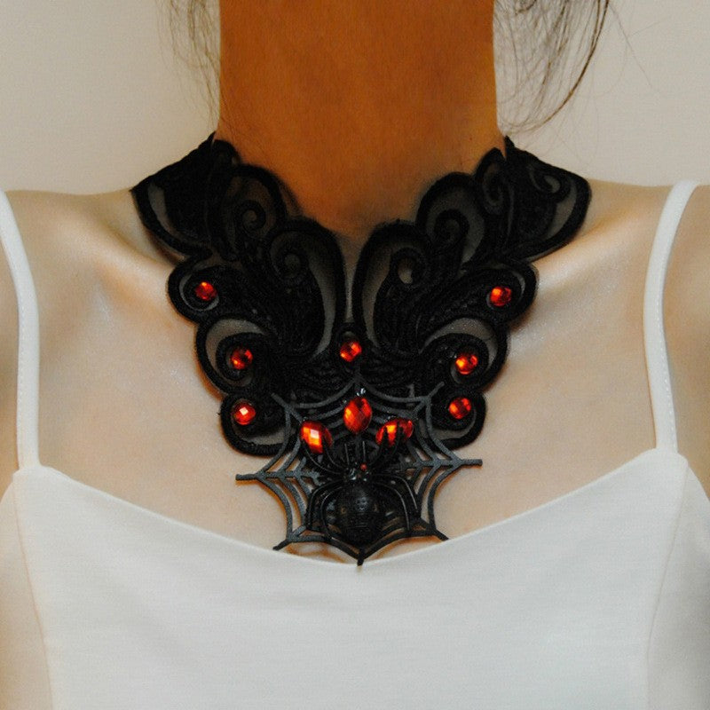 2024 New European and American Clavicle False Collar Fashion Exaggerated Women's Lace Spider Web Halloween Necklace