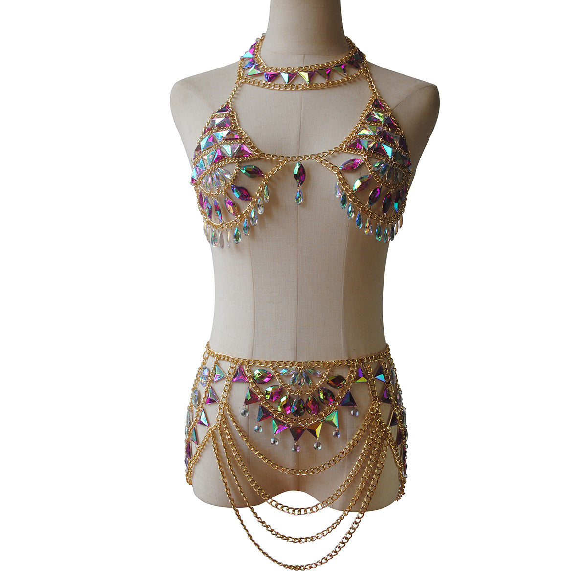 2024 New European and American Sexy Fashion Acrylic Bra Colored Diamond Crystal Pendant Chest Chain, Personality Waist Chain, Body Chain