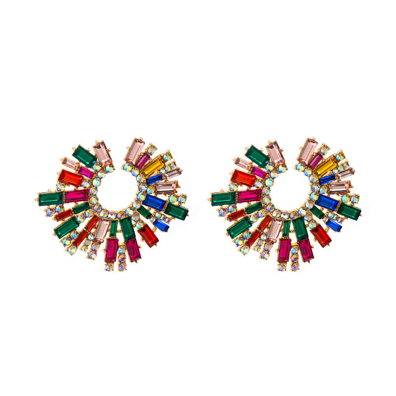 European and American cross-border alloy inlaid colorful rhinestone sunflower earrings female super flash hipster dinner earrings earrings