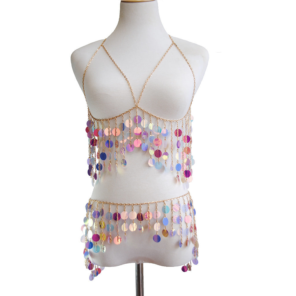 2024 European and American cross-border new accessories, fashionable and versatile, multi-layered colorful water drop chest chain, waist chain set, body chain