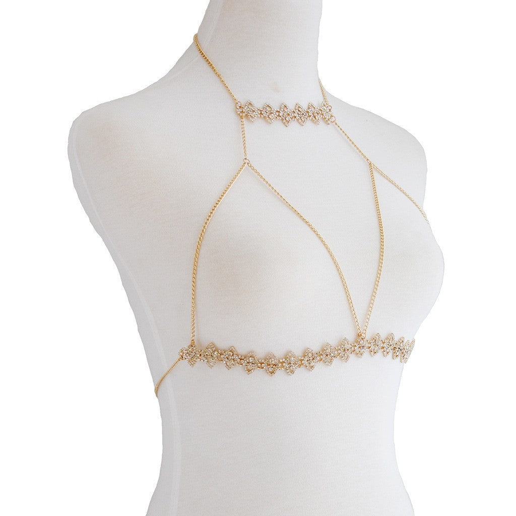 2023 European and American new cross-border original design sexy rhinestone halterneck chest chain marquise bikini beach body