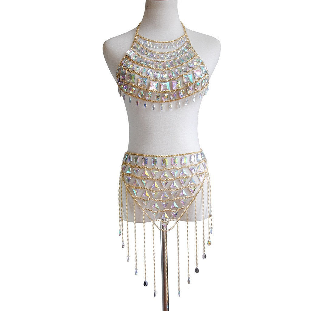 2024 European and American cross-border new hot-selling multi-layer acrylic splicing bra body chain + waist chain sexy body chain