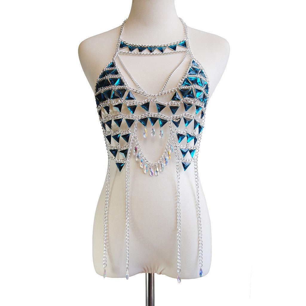2024 European and American cross-border new jewelry chest ornament blue acrylic aluminum chain bra chain summer bikini body chain