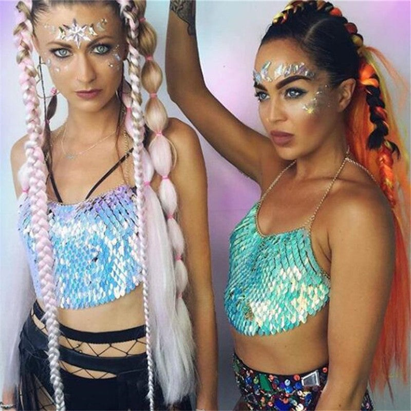 2024 New European and American Fashion Handmade Glowing Leaf-shaped Sequins Sexy Camisole Wrap Chest Body Chain