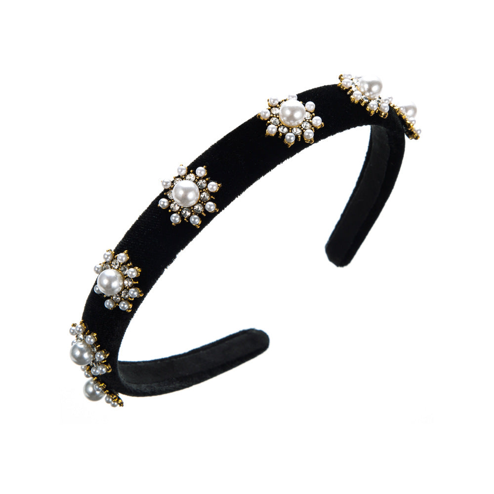 European and American fashion temperament, new velvet inlaid rhinestones, pearl headbands, female Internet celebrities, sweet personality, simple headbands, wholesale