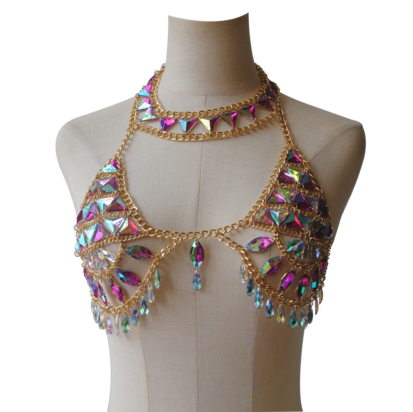 2024 New European and American Sexy Fashion Acrylic Bra Colored Diamond Crystal Pendant Chest Chain, Personality Waist Chain, Body Chain