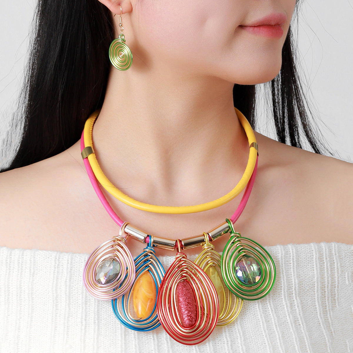 New European and American exaggerated fashion crystal multi-layer necklace earrings set hand-wound ethnic style stage accessories