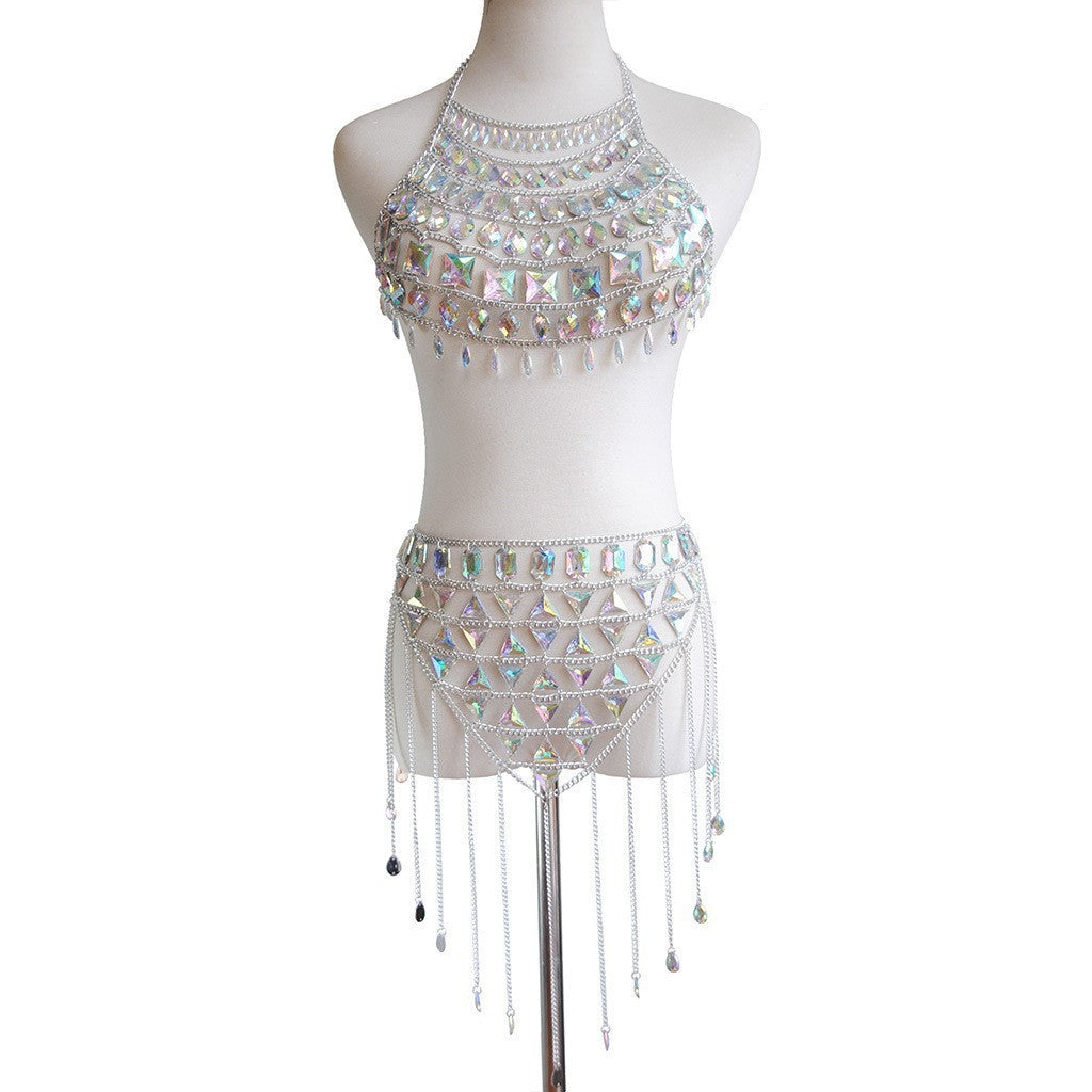 2024 European and American cross-border new hot-selling multi-layer acrylic splicing bra body chain + waist chain sexy body chain