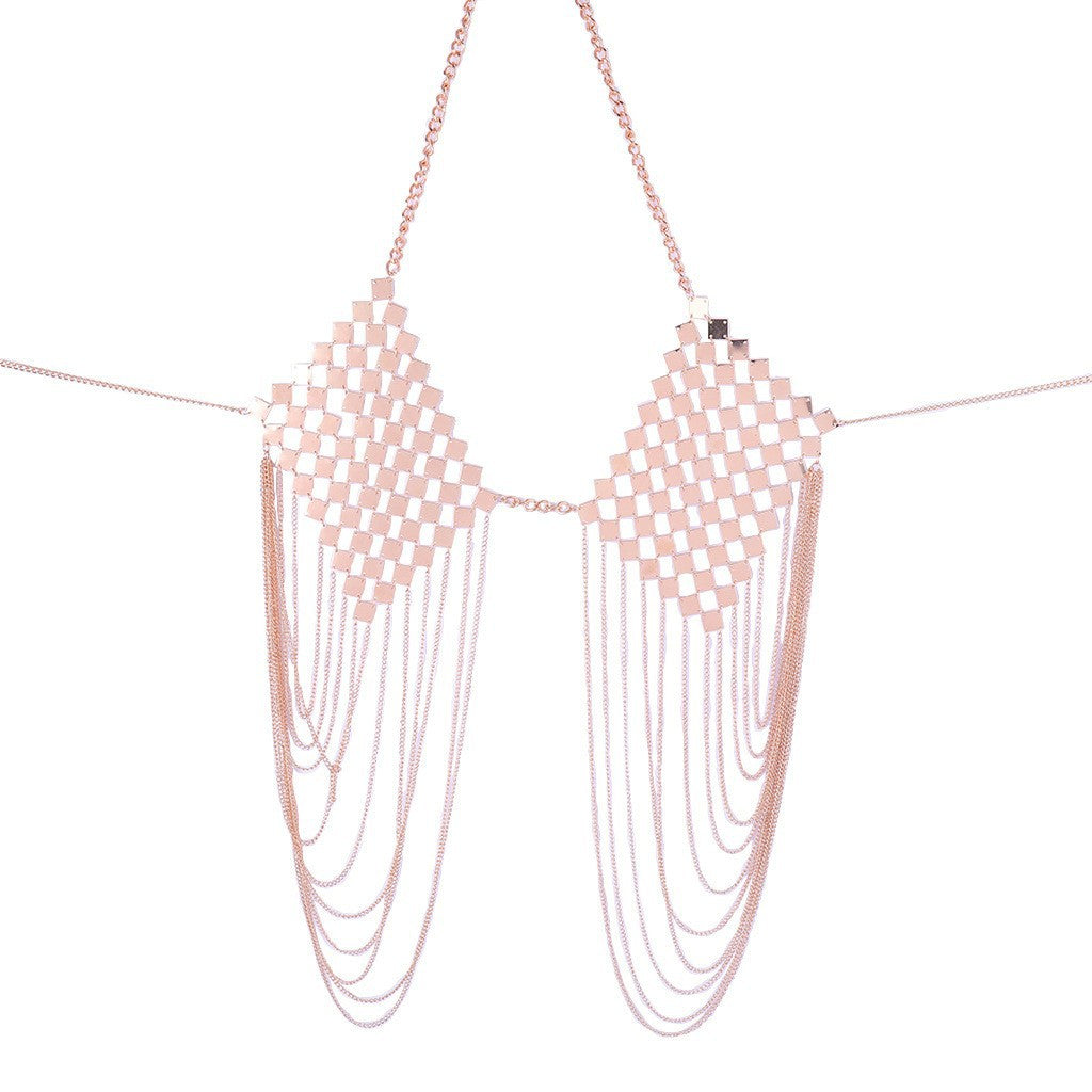 2024 European and American cross-border hot chest chains, women's jewelry, alloy iron bras, metal tassels, body chains