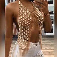 2024 summer new European and American cross-border jewelry fashion sexy nightclub handmade pearl tassel necklace body chain