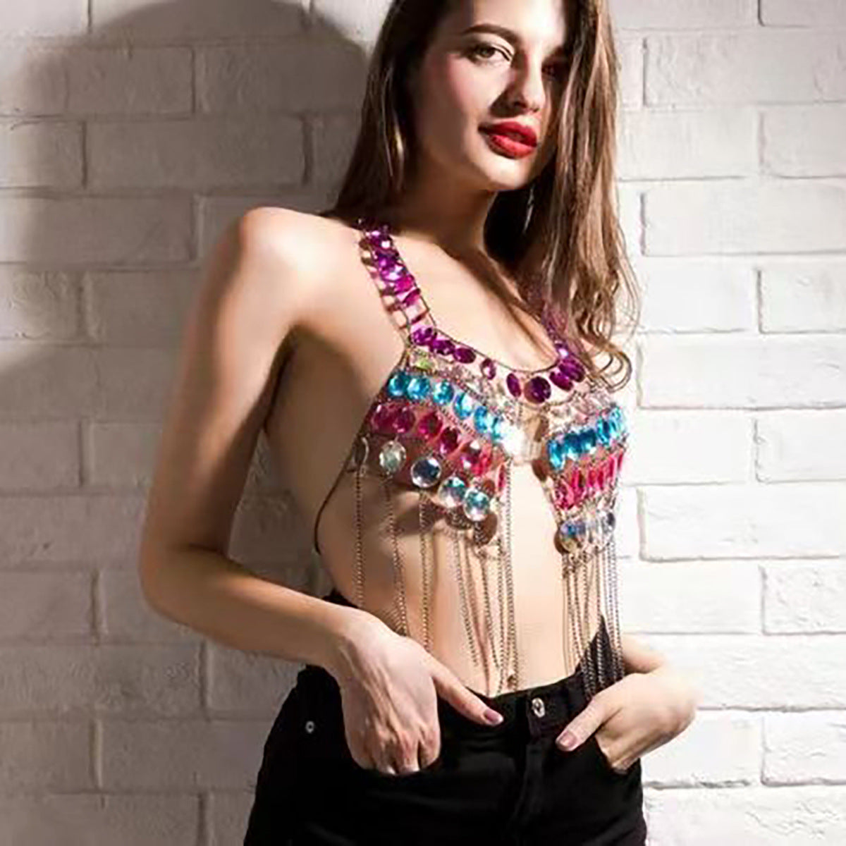 New European and American cross-border fashion jewelry, sexy backless acrylic rhinestone, tassel chest chain, rhinestone body chain