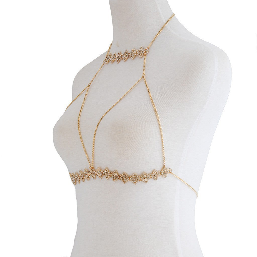 2023 European and American new cross-border original design sexy rhinestone halterneck chest chain marquise bikini beach body