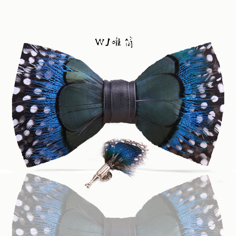 black and white dot peacock blue feather man host groom groomsmen group butterfly wedding bow tie spot