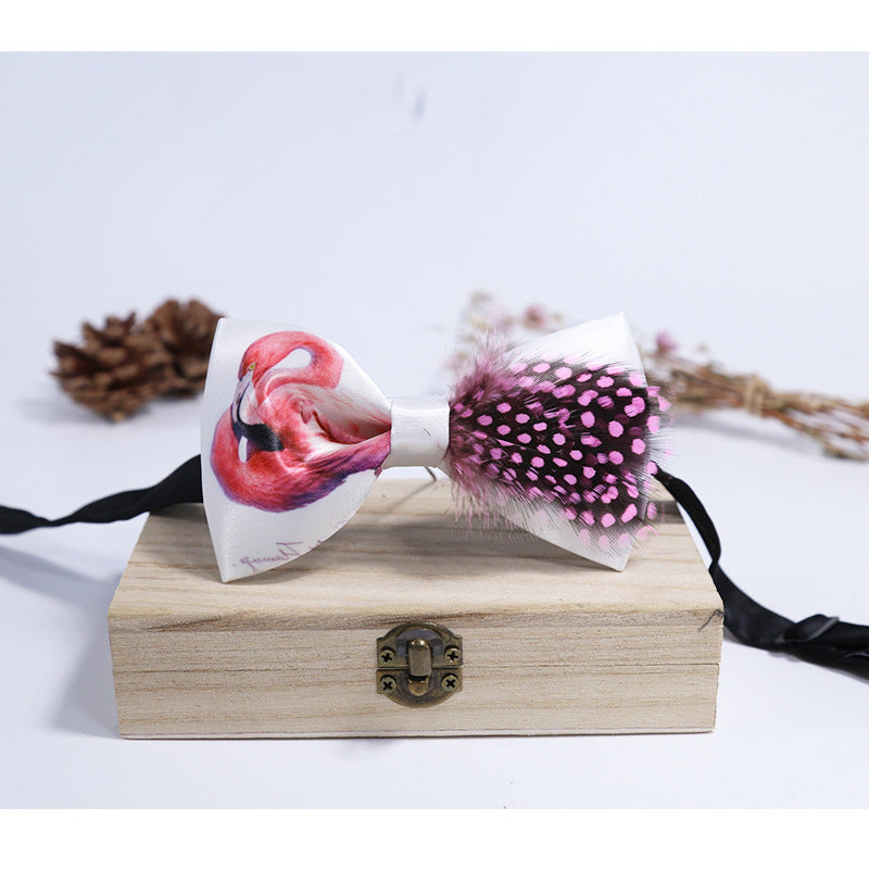 pink polka dot feather handmade bow tie men's best man groom wedding dress bow bow business collar flower