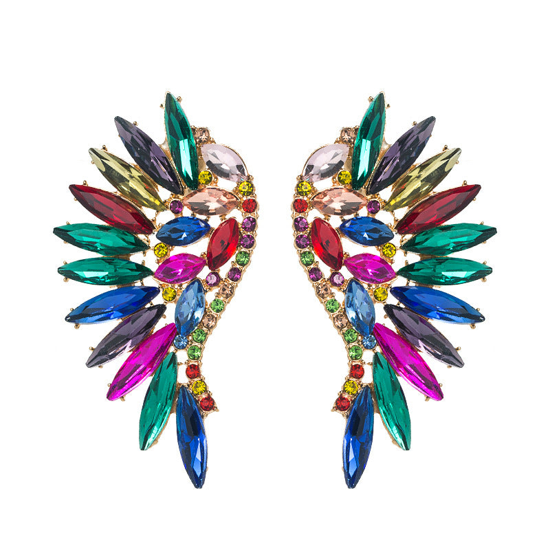European and American heavy industry exaggerated fan-shaped bohemian style wings colored rhinestone earrings trend stud earrings cross-border supply