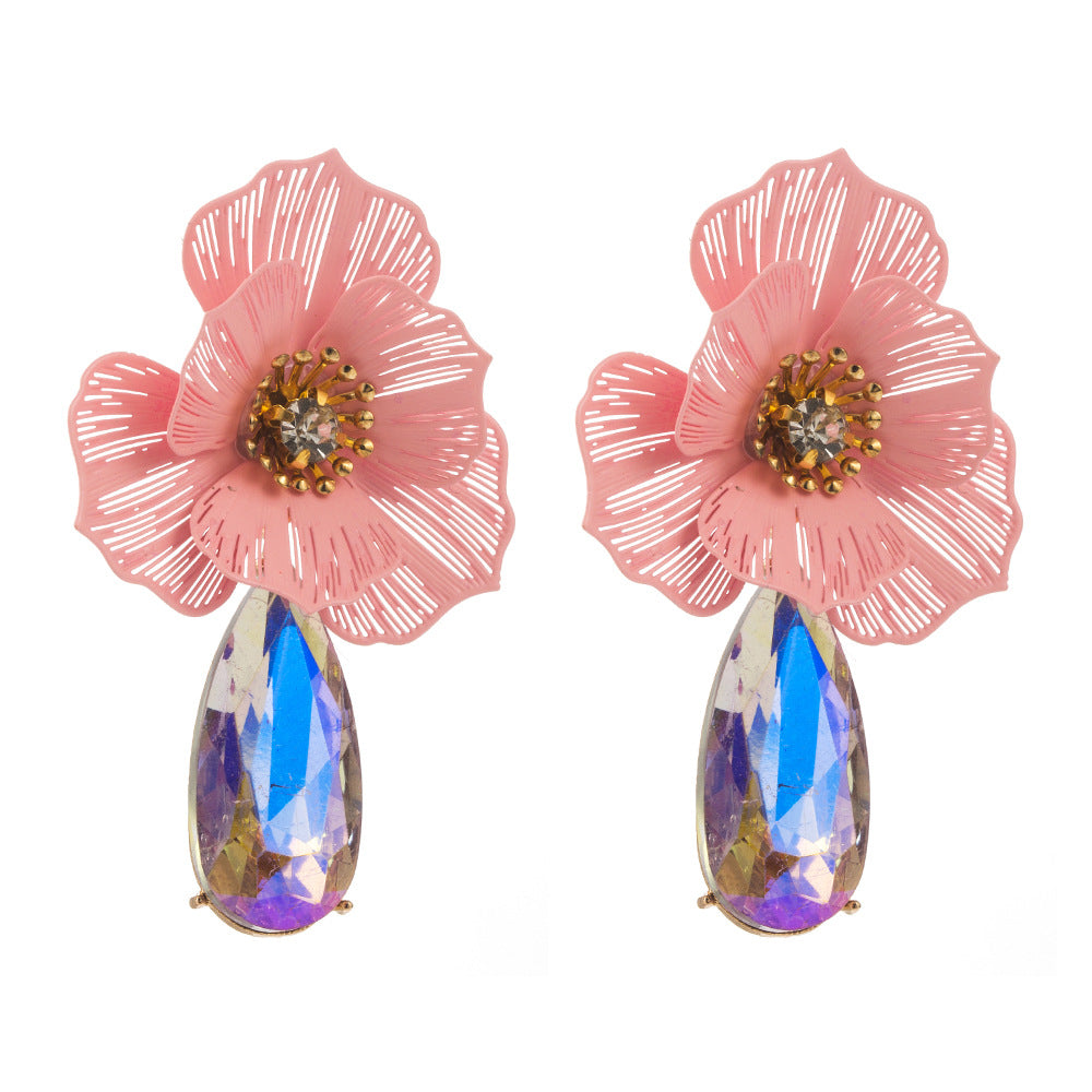 European and American trend: summer diamond-studded flower earrings, exaggerated personality, creative dazzling water drop earrings, light luxury temperament earrings