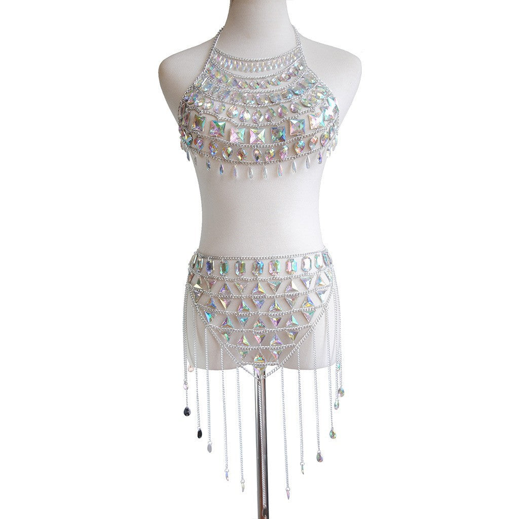 2024 European and American cross-border new hot-selling multi-layer acrylic splicing bra body chain + waist chain sexy body chain