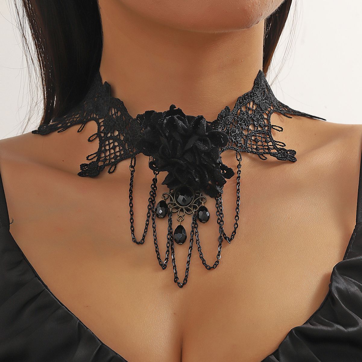 New European and American fashion cross-border jewelry, punk lace, gothic style, fake collar, lace necklace, tassel, clavicle chain