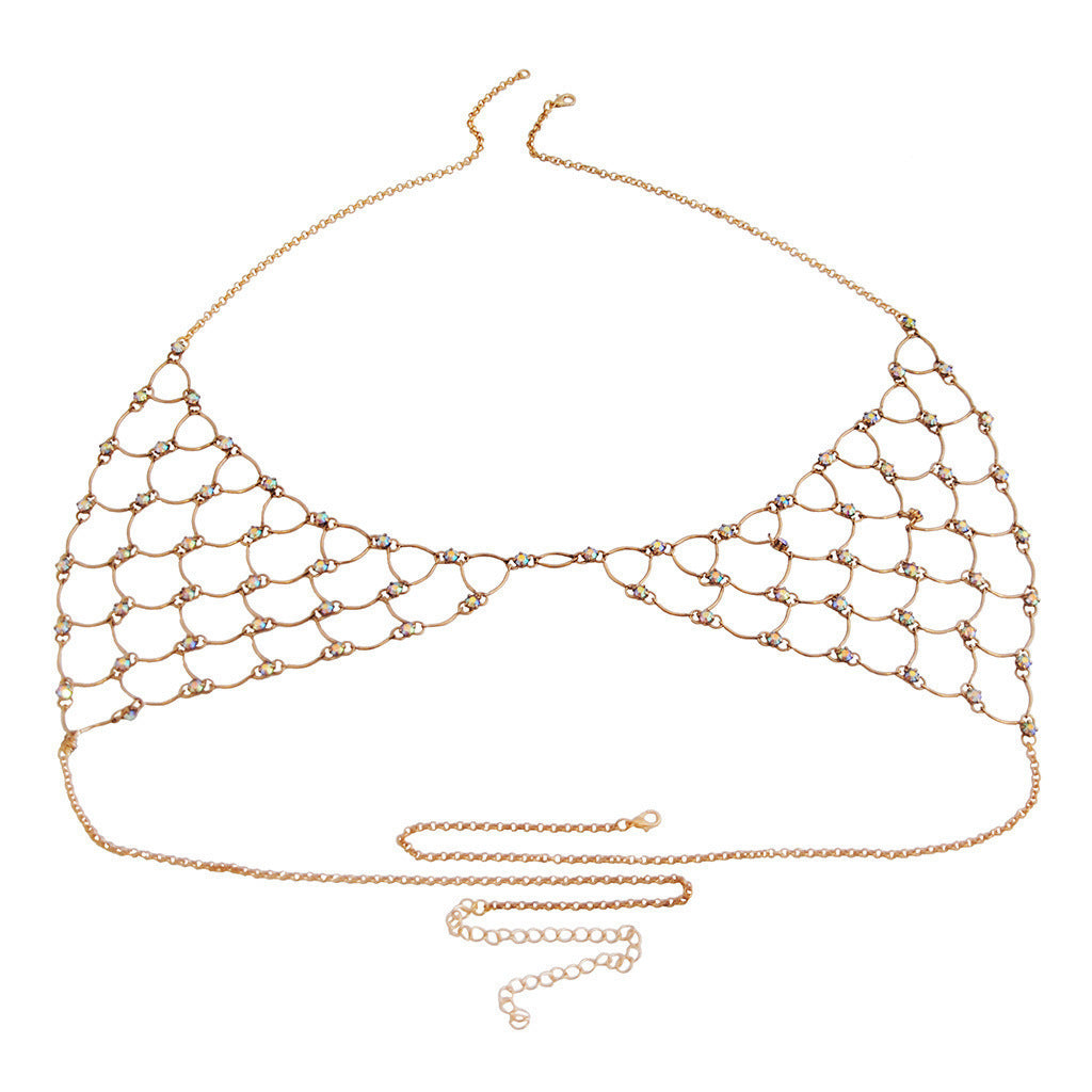 2024 summer European and American cross-border new jewelry alloy chain rhinestone simple chest chain sexy bra chain body chain