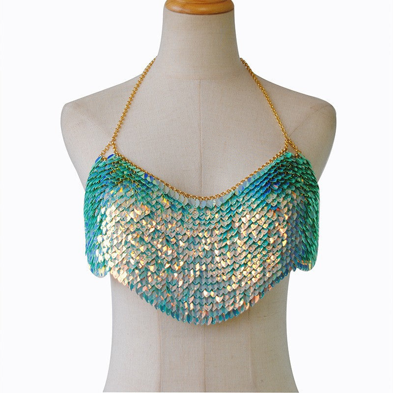 2024 New European and American Fashion Handmade Glowing Leaf-shaped Sequins Sexy Camisole Wrap Chest Body Chain