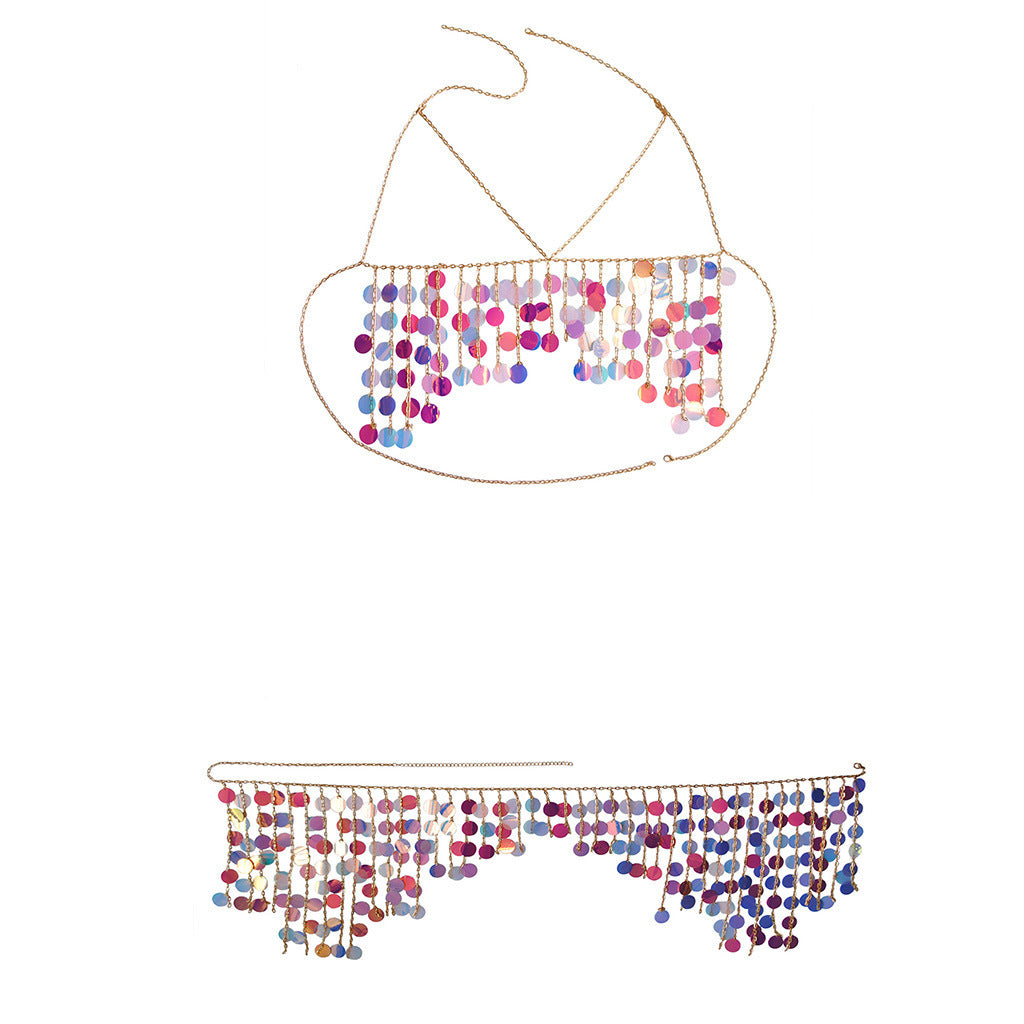 2024 European and American cross-border new accessories, fashionable and versatile, multi-layered colorful water drop chest chain, waist chain set, body chain