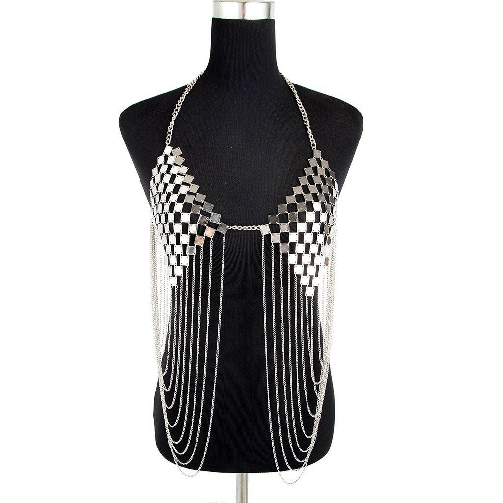 2024 European and American cross-border hot chest chains, women's jewelry, alloy iron bras, metal tassels, body chains