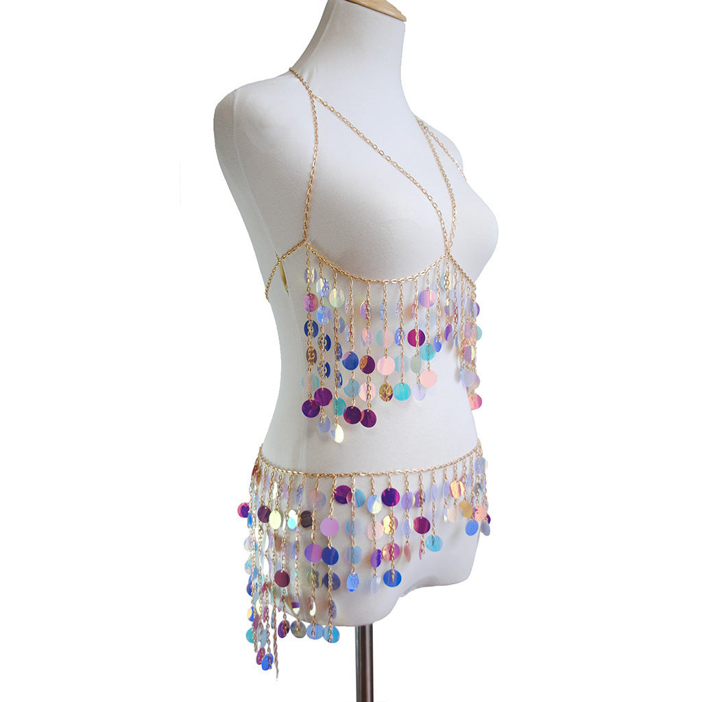2024 European and American cross-border new accessories, fashionable and versatile, multi-layered colorful water drop chest chain, waist chain set, body chain