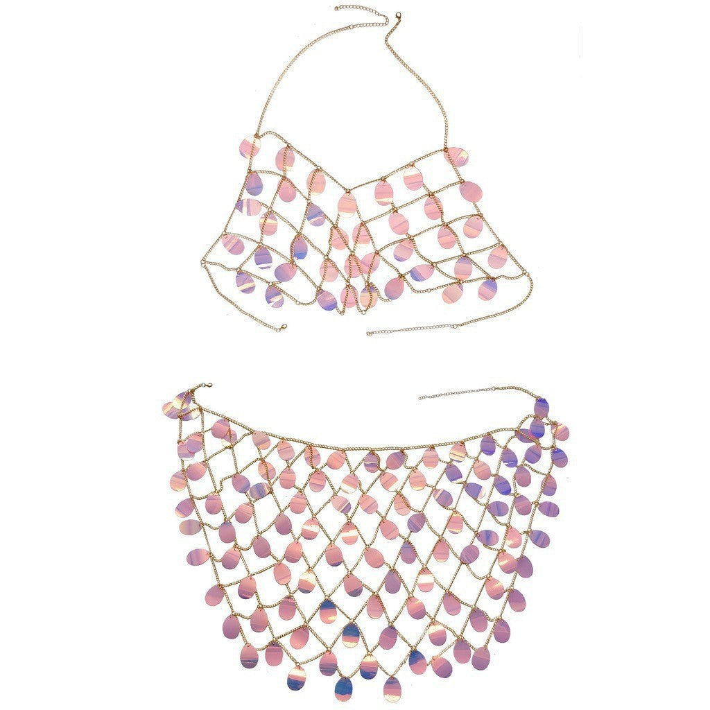 2024 New European and American Cross-border Chest Bracelet Jewelry Fashion Sexy Handmade Fishnet Waist Chain Sequin Set Body Chain