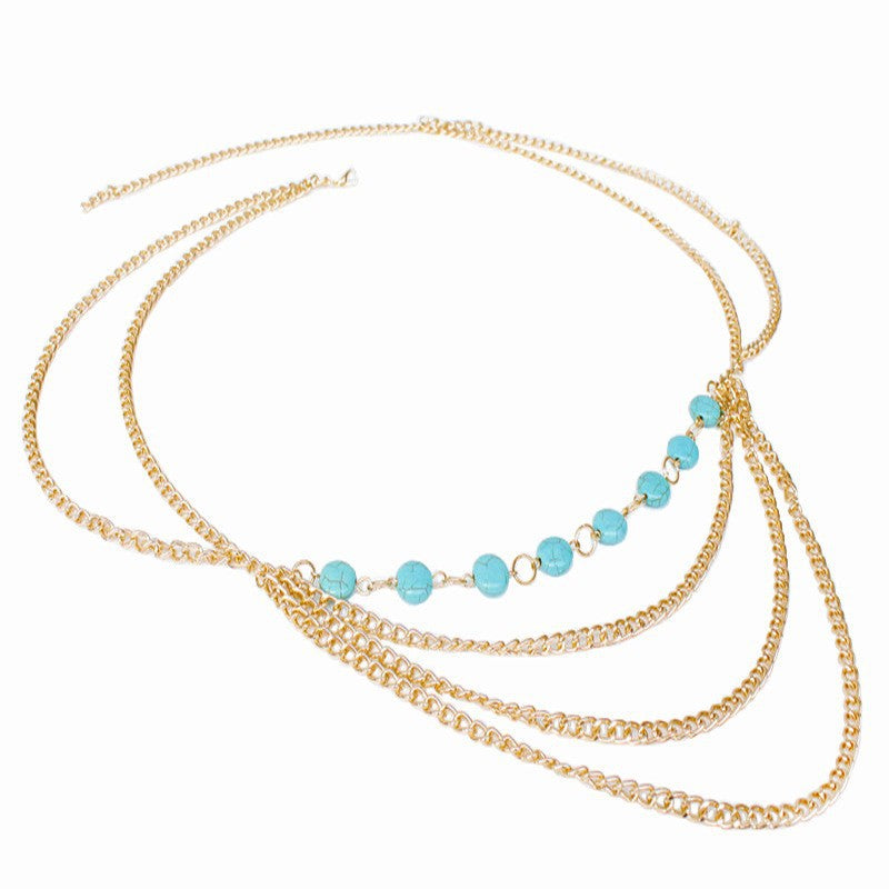 2024 New European and American Foreign Trade Jewelry Hot Sale Metal Versatile Ladies Wear Turquoise Waist Chain Body Chain