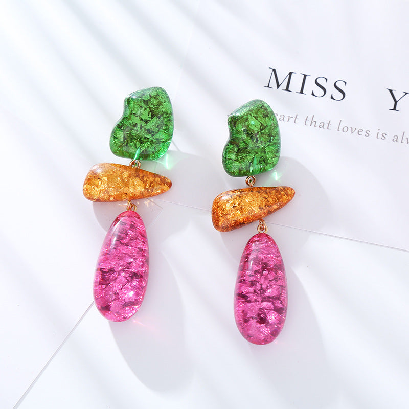 za irregular geometric shape color resin pendant earrings women's european and american fashion multi-layer temperament long earrings earrings