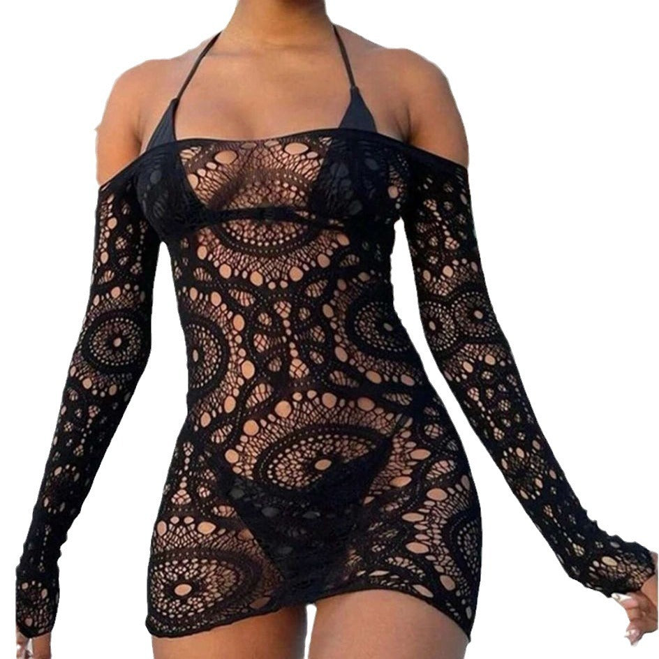 Yue Die's new black mesh skirt, erotic nightdress, sexy ripped one-shoulder, long-sleeved printed short skirt 9200
