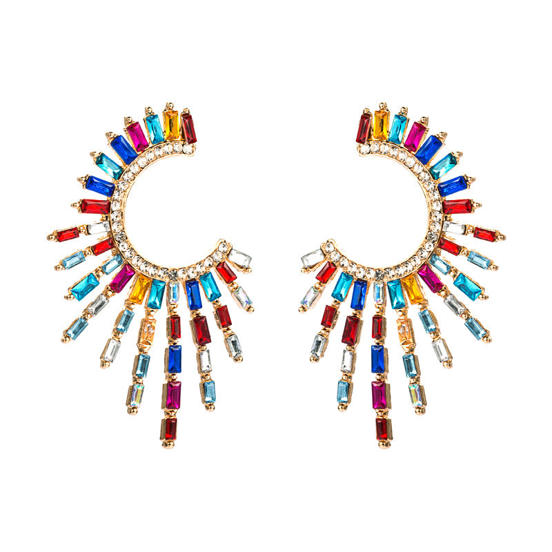 Personality semi-sunflower alloy diamond rhinestone full of diamond earrings female European and American temperament earrings bohemian national style